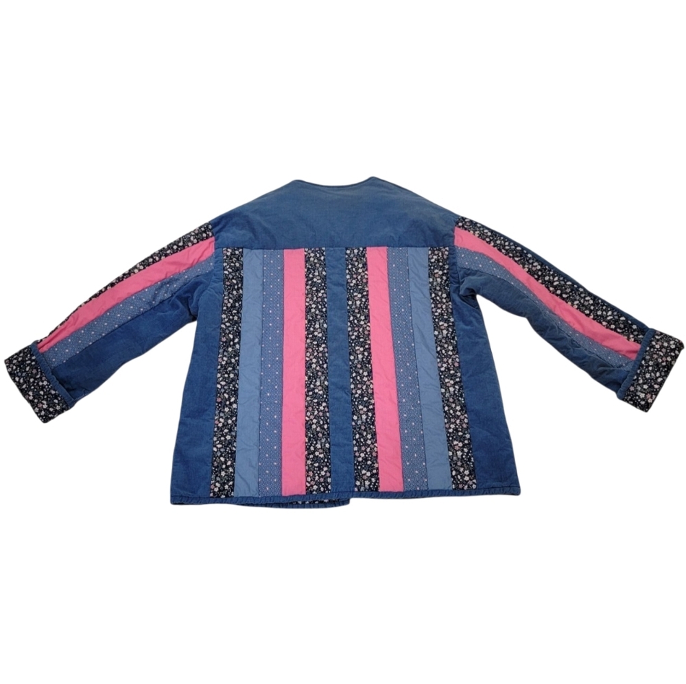 VTG Handmade Reversible Quilted Jacket Patchwork Corduroy Floral Blue Pink XXL - Picture 10 of 17